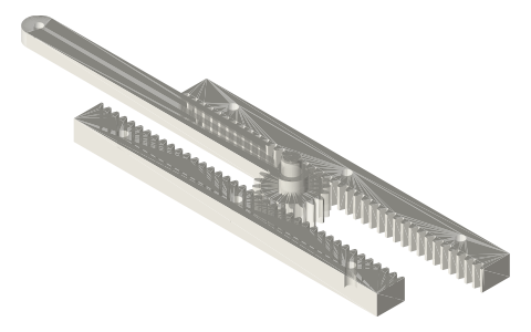 Pinion between a fixed and a free rack (travel doubler), isometric render of a generated part