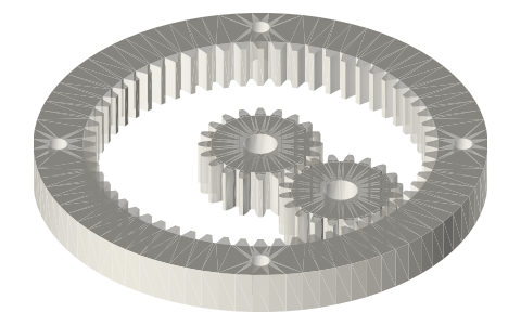 One pinion driving an internal and a spur gear on one axis (two speeds), isometric render of a generated part