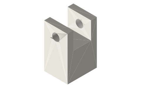 Pivot post 16 × 20 × 30 with a 12.1 mm fork and Ø5 pin hole, isometric render of a generated part