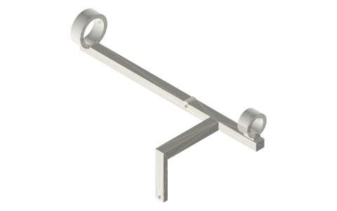 Rocker with tube and syringe rings on a pivot, isometric render of a generated part