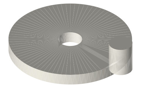 Planet carrier disc Ø52 × 5 with a Ø10 × 13 planet boss at 30 mm, isometric render of a generated part