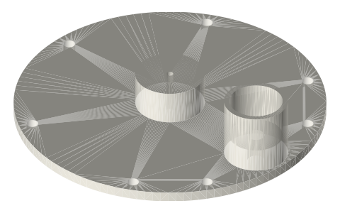 Top plate Ø90 with a rod guide and a 5 mL glass syringe socket, isometric render of a generated part