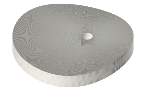 Plate cam, cycloidal rise 12 mm, base circle R20, for a mushroom (curved-face) follower, isometric render of a generated part