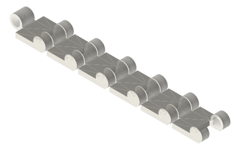Print-in-place: articulated chain, 6 links, 20 mm pitch, isometric render of a generated part