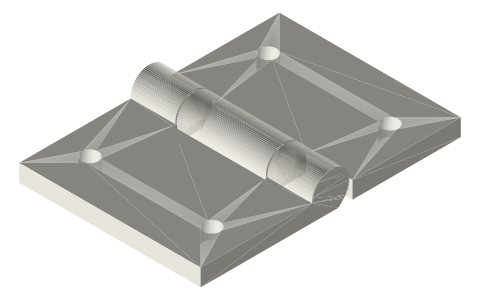 Print-in-place: barrel hinge, three knuckles, folds 180° (48.8 mm), isometric render of a generated part