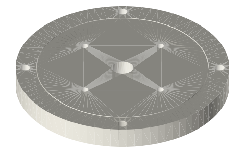 Print-in-place: captive turntable with V-ridge retention (Ø80 platter), isometric render of a generated part