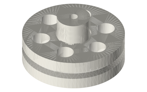 Print-in-place: captive wheel on a printed axle (Ø40 × 12), isometric render of a generated part