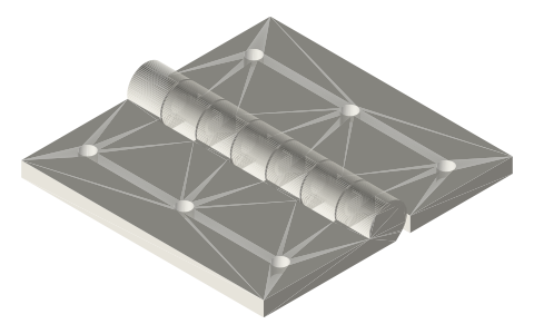 Print-in-place: seven-knuckle hinge on a captive through-pin (58.4 mm), isometric render of a generated part