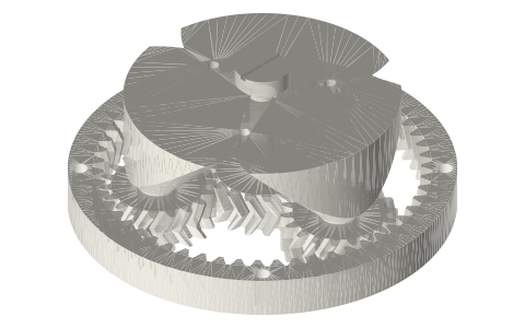 Print-in-place: planetary gearbox, herringbone, 4 : 1, isometric render of a generated part