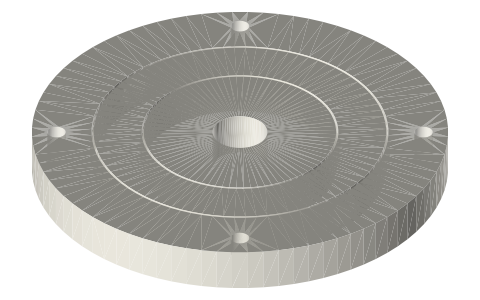 Print-in-place: two-axis gimbal (nested rings, Ø76), isometric render of a generated part