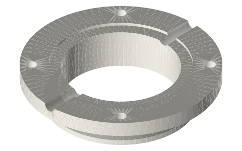Printable tri-clamp (45°): butterfly valve body halves, isometric render of a generated part