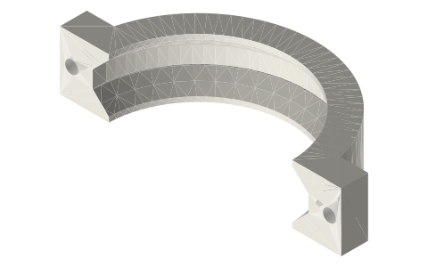 Printable tri-clamp (45°): two-bolt clamps, ½ to 8 in, isometric render of a generated part