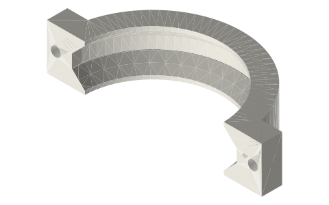 Printable tri-clamp (45°): two-bolt clamps, ½ to 8 in, isometric render of a generated part