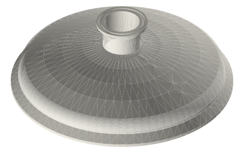 Printable tri-clamp (45°): dome lids and ported caps, isometric render of a generated part