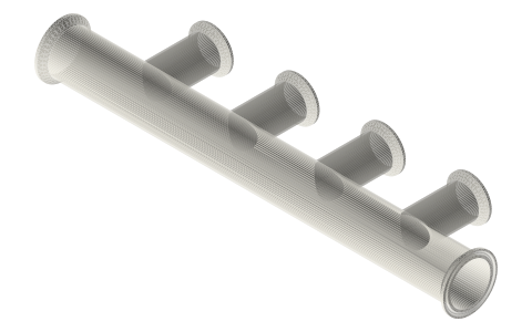 Printable tri-clamp (45°): header manifolds, isometric render of a generated part