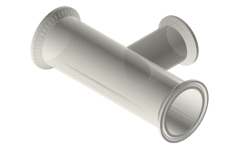 Printable tri-clamp (45°): reducing tees, ¾ to 4 in run, isometric render of a generated part