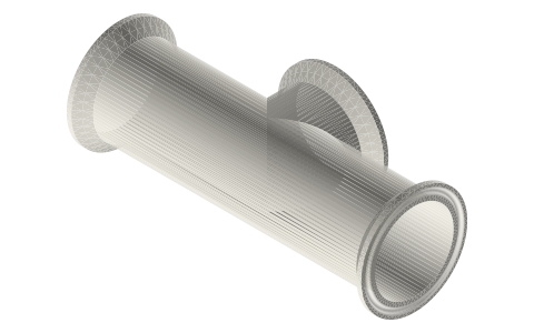 Printable tri-clamp (45°): tees, short-outlet tees and crosses, ½ to 4 in, isometric render of a generated part