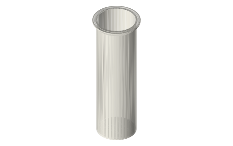 Printable tri-clamp vessel, 3 in (45°): flat and cone-bottom pots up to 250 mm, isometric render of a generated part