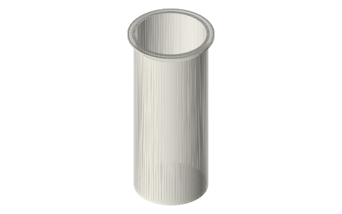 Printable tri-clamp vessel, 4 in (45°): flat and cone-bottom pots up to 250 mm, isometric render of a generated part