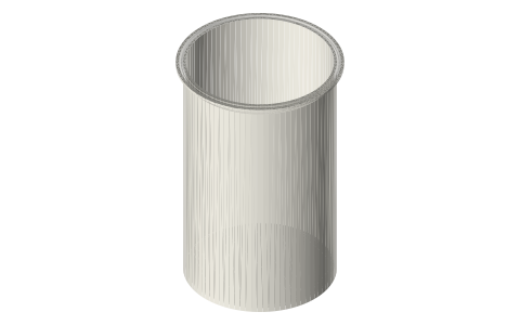 Printable tri-clamp vessel, 6 in (45°): flat and cone-bottom pots up to 250 mm, isometric render of a generated part
