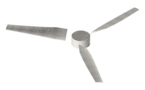 Propeller blade count (2, 3 and 4 blades), isometric render of a generated part
