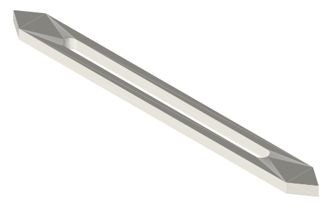 Proportional compass leg 160 × 14 × 5, pointed, 6.2 mm slot 100 long, isometric render of a generated part
