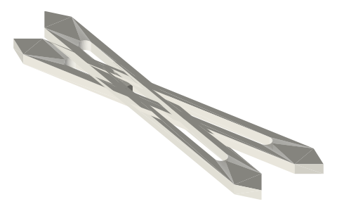 Proportional compasses (sliding pivot in slotted legs), isometric render of a generated part