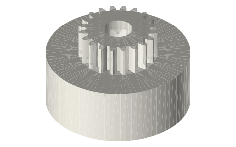 Pulley and gear unit: Ø40 × 16 flat pulley with a module 1, 20-tooth gear, Ø8 bore, isometric render of a generated part
