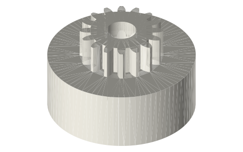 Pulley and gear unit: Ø40 × 16 flat pulley with a module 1.25, 16-tooth gear, Ø8 bore, isometric render of a generated part