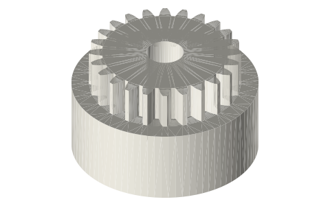 Pulley and gear unit: Ø40 × 16 flat pulley with a module 1.25, 24-tooth gear, Ø8 bore, isometric render of a generated part