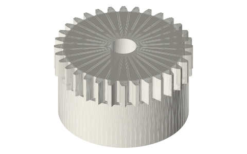 Pulley and gear unit: Ø40 × 16 flat pulley with a module 1.25, 32-tooth gear, Ø8 bore, isometric render of a generated part