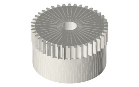 Pulley and gear unit: Ø40 × 16 flat pulley with a module 1, 40-tooth gear, Ø8 bore, isometric render of a generated part