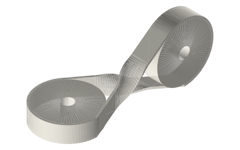Quarter-turn belt between shafts at right angles (no guide pulleys), isometric render of a generated part