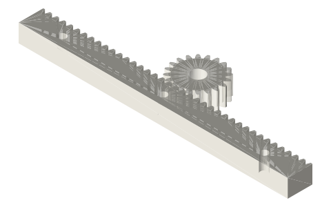 Rack and pinion, module 1 (20 T pinion, 120 mm rack), isometric render of a generated part