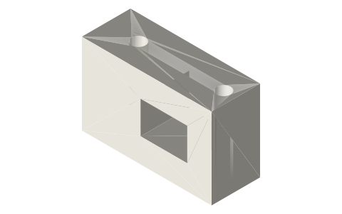 Rack guide block 32 × 12 × 20 with an 11.5 × 8 through channel, isometric render of a generated part
