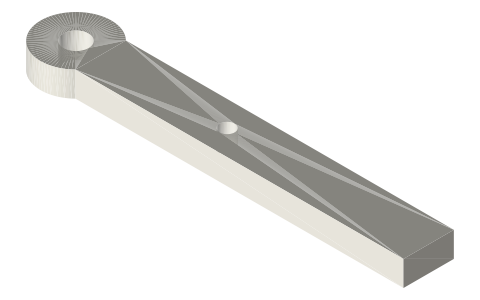 Ratchet feed arm, pawl pivot at 30 mm, Ø5 hub, isometric render of a generated part