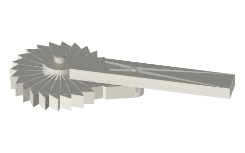 Ratchet wheel stepped by a swinging pawl lever, isometric render of a generated part