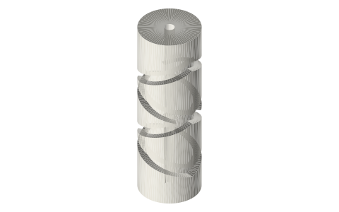Reversing-groove drum Ø30 × 90: crossed right- and left-hand grooves, pitch 30, 5 wide, isometric render of a generated part
