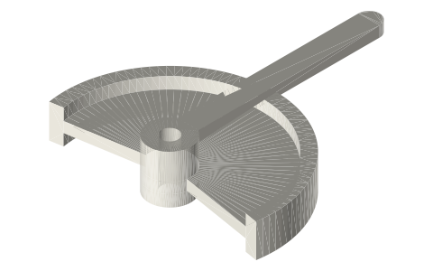 Rocking segment lever, R50 rim × 16, Ø8 pivot, 100 mm handle, isometric render of a generated part