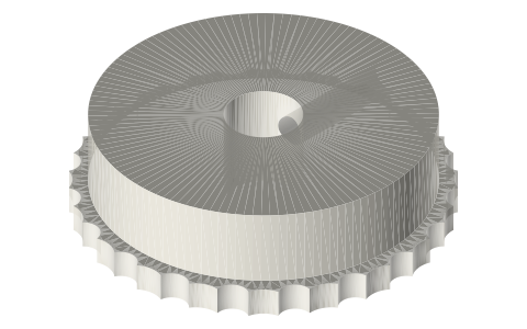 Roller chain sprockets: #25 (6.35 mm) and #35 (9.525 mm), 10–40 T, isometric render of a generated part