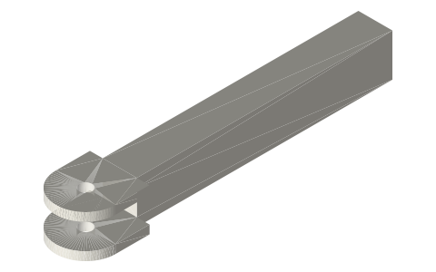 Roller-follower fork rod, 8 × 6 mm, for a Ø10 roller on a Ø3 pin, isometric render of a generated part