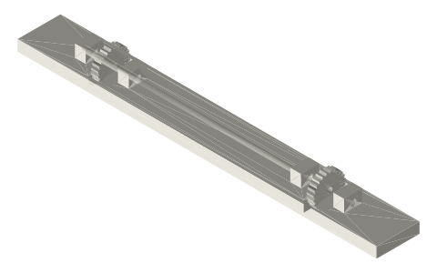 Rolling parallel ruler (blade on two notched rollers), isometric render of a generated part
