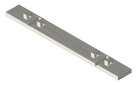 Rolling parallel ruler blade 200 × 24 × 6 with lugs for a Ø3 axle, isometric render of a generated part