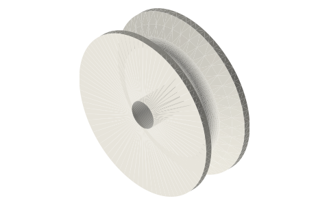 Rope sheave for Ø3 rope, pitch Ø19 (rope centre), Ø23.4 rim, Ø4 bore, isometric render of a generated part