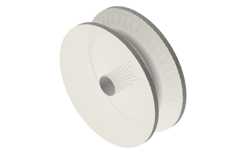 Rope sheave for Ø3 rope, pitch Ø20 (rope centre), Ø24.4 rim, Ø4 bore, isometric render of a generated part
