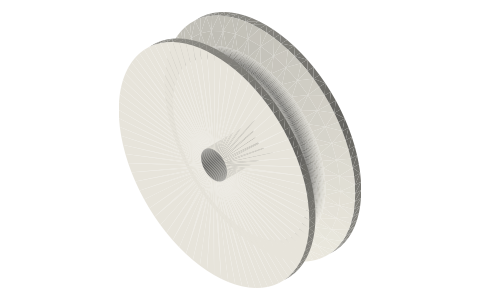 Rope sheave for Ø3 rope, pitch Ø25 (rope centre), Ø29.4 rim, Ø4 bore, isometric render of a generated part