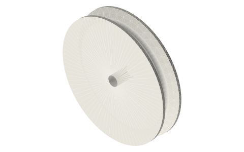 Rope sheave for Ø3 rope, pitch Ø40 (rope centre), Ø44.4 rim, Ø4 bore, isometric render of a generated part