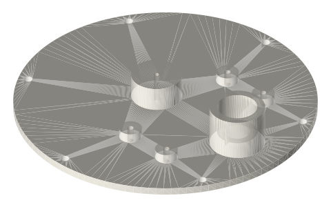 Top plates Ø120 and Ø170 with a syringe socket, isometric render of a generated part