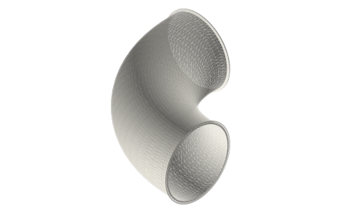 Sanitary clamp elbows, 90° and 45°: 6, 8, 10 and 12 in (tri-clamp style), isometric render of a generated part