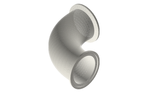 Sanitary clamp elbows, 90° and 45°, ½ to 4 in (tri-clamp style, BPE), isometric render of a generated part